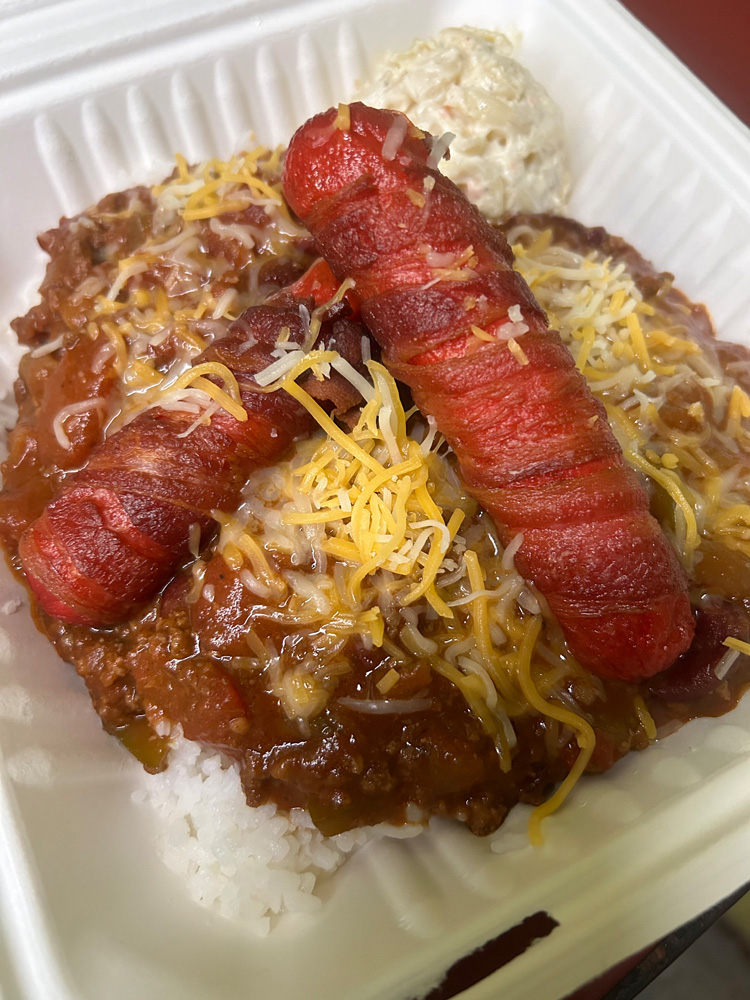 lb-House Made Chili with Bacon wrapped Hot Dogs